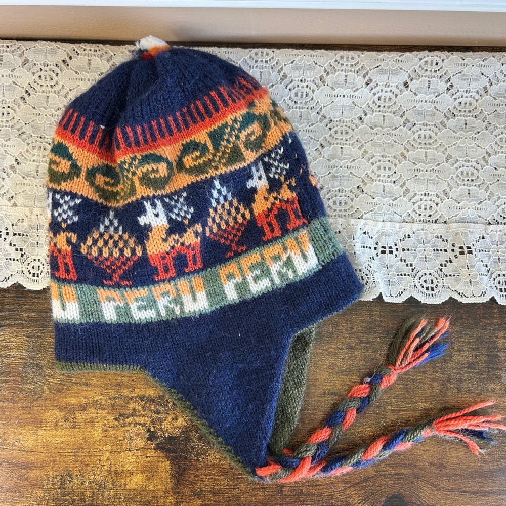Peru Reversible Chullo Earflap Hat Navy Green Llama Knit Tassel Beanie